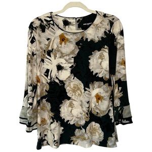 Karl Lagerfeld Paris Womens Floral Tulip Sleeve Blouse Size Medium Dark Green